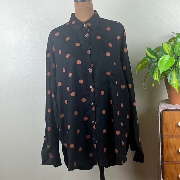 Loft Black with Tan Polka Dots Long Sleeve Collared Blouse Oversized Small - Picture 3 of 10